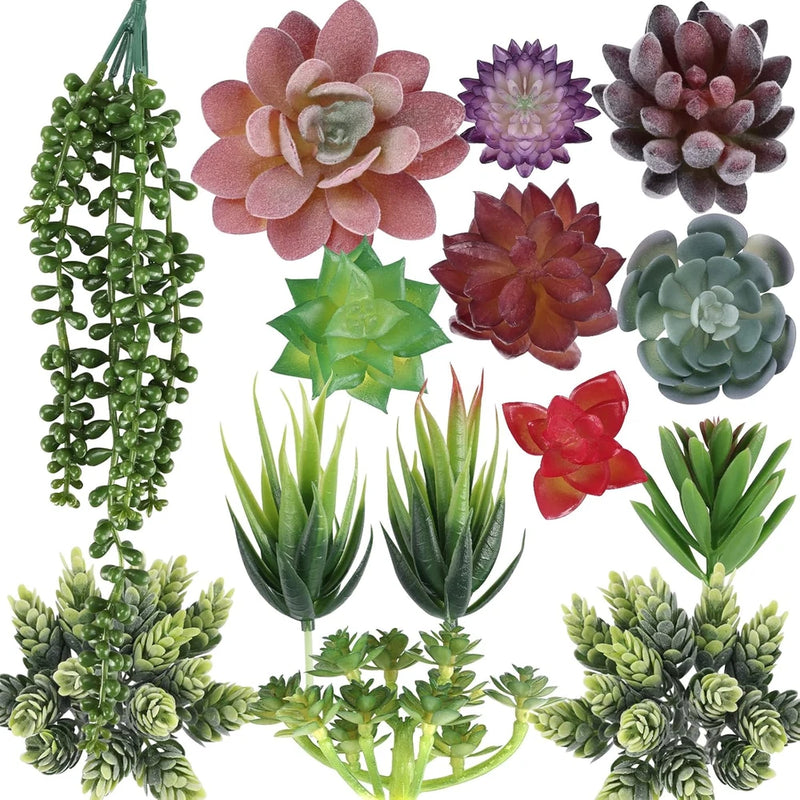 Set of 14 unpotted artificial succulents, mini textured plants in green and purple.