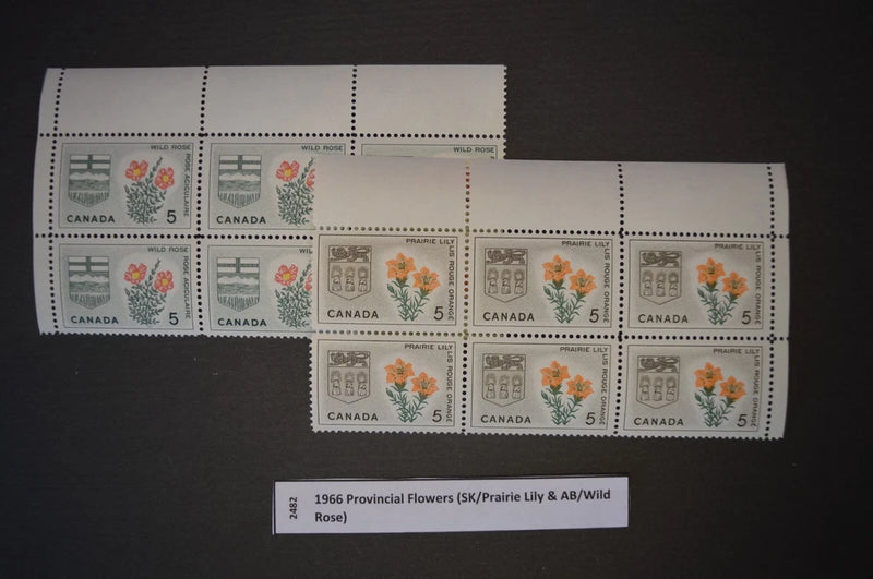 1966 Canada Provincial Flowers stamp blocks with prairie lily and wild rose
