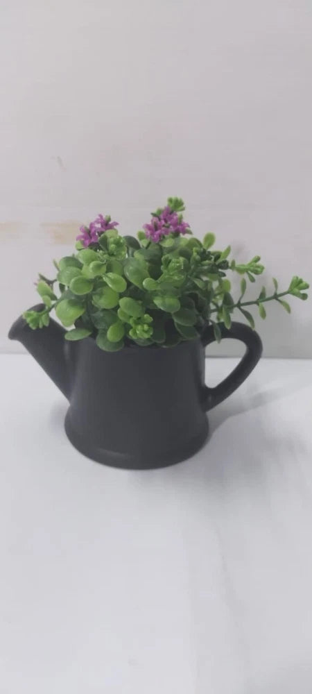 Mini Artificial Potted Plant in Black Watering Can Pot Faux Flowers Home Decor Green Plant