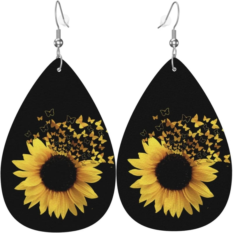 Yellow Sunflower Flower Earrings for Women Jewelry Lightweight Faux Leather Tear Sunflower