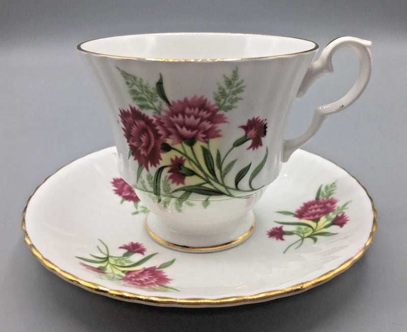 Royal Windsor Bone China "Pink Carnation" Floral Teacup & Saucer Vintage Ribbed Carnation