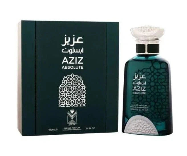 Men's Aziz Absolute EDP spray, dark teal glass bottle with black cap and box