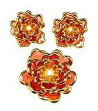 RARE JOAN RIVERS ORANGE PLIQUE A JOUR CARNATION FLOWER BROOCH EARRINGS SET Carnation