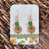 New Handmade Sunflower Dangle Earrings With Green Leaf Charm Sunflower