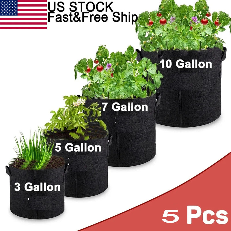 5PKS Garden Plant Growing Bags Nonwoven Fabric Pot Nursery Soil Bag with Handles Garden Plants