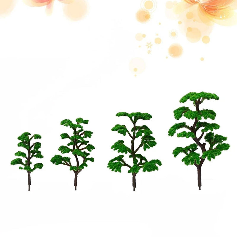 Miniature plastic model trees with green foliage, small tree figures for landscape scenes