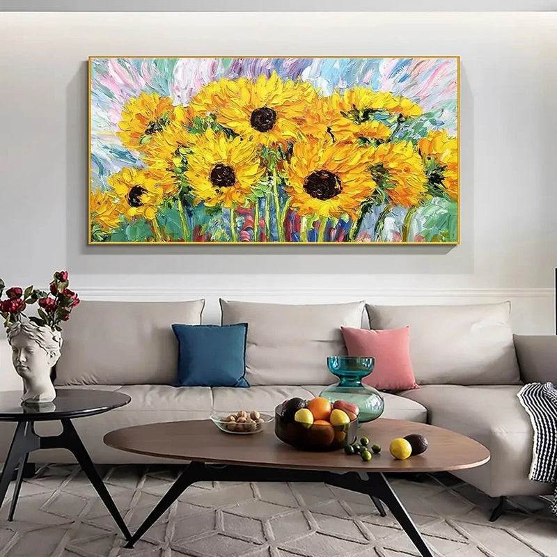 Framed abstract sunflower oil painting on canvas with bright yellow blooms and green leaves