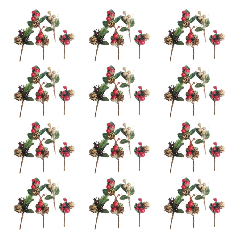 Artificial flower stems with red berries, pine cones, and small white blossoms
