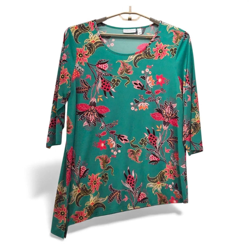 Susan Graver Womens Asymmetrical Top Size XL Liquid Knit Paisley Bloomcore Boho Carnation