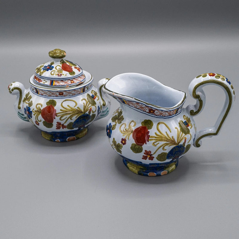READ CHIPS - Faenza Garofano Blue Carnation Sugar Bowl W/ Lid & Creamer Carnation