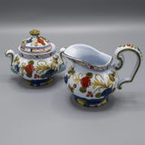 READ CHIPS - Faenza Garofano Blue Carnation Sugar Bowl W/ Lid & Creamer Carnation