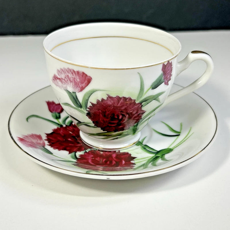Vintage Japan Hand Painted Carnation Teacup & Saucer Set C-244 Gold Trim Carnation