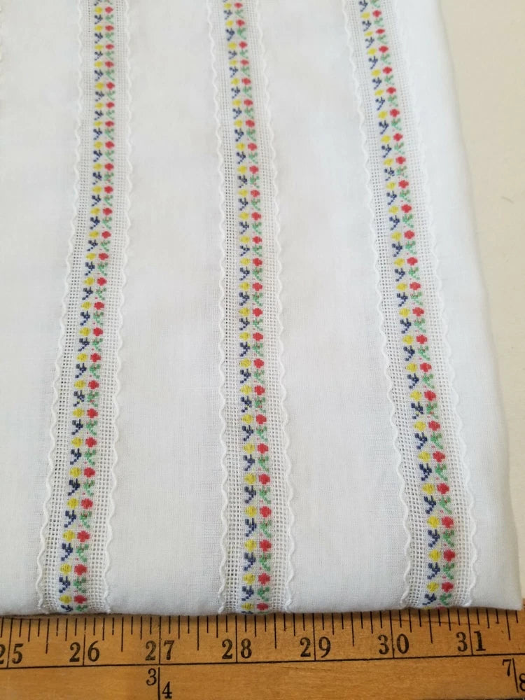 VTG OOP HTF Lightweight Striped Embroidered Leno Weave Floral Cotton Fabric BTHY Flowering Plants