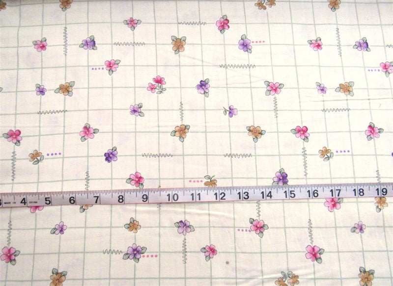 1 yd Cotton Light Cream Check with Pink, Purple & Gold Flowers Fade on Fold Flowering Plants