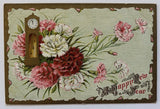 Embossed Germany Carnations Grandfather Clock Happy New Year Postcard 1910s Carnation