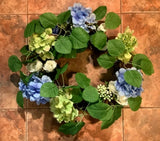 Pier 1 Imports 22" Faux Floral Blue Green Hydrangea Roses Decorative Wreath NWT Hydrangea