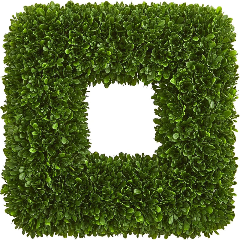 17-inch square tea leaf wreath with green UV-resistant artificial foliage