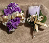 NEW 5" Artificial Purple Rose Wrist Corsage W/Butterfly, Gold Bow Lavender Bout Bouquet