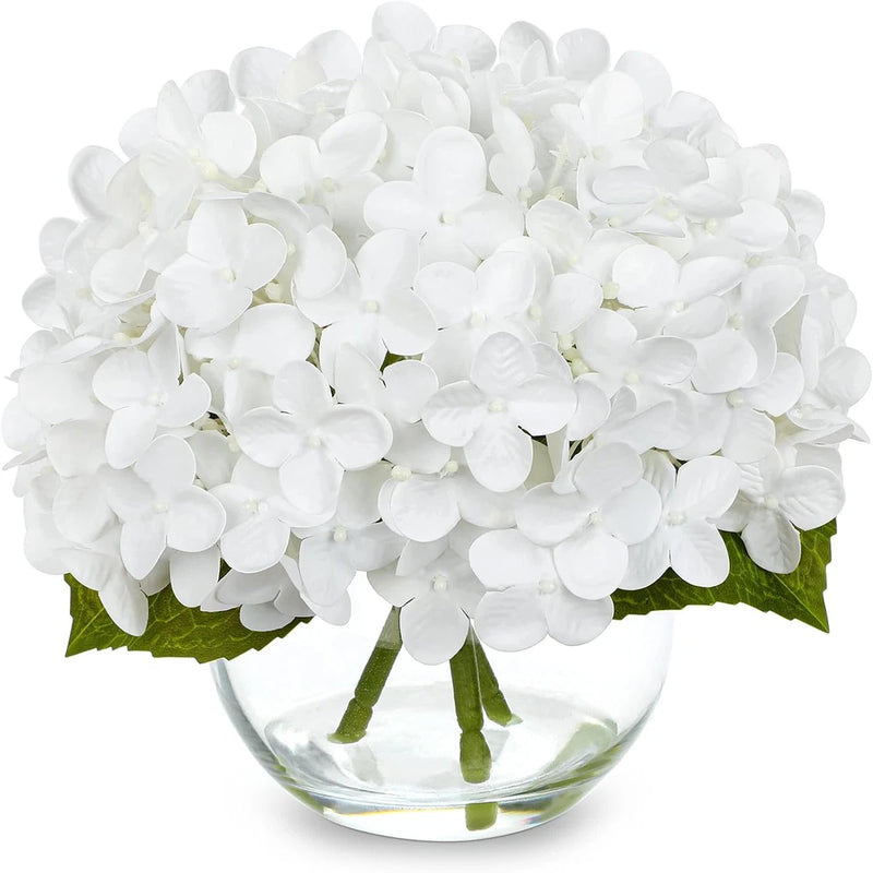 Ture Touch Artificial Hydrangea Flowers Arrangement in Glass Vase with Faux Wate Hydrangea