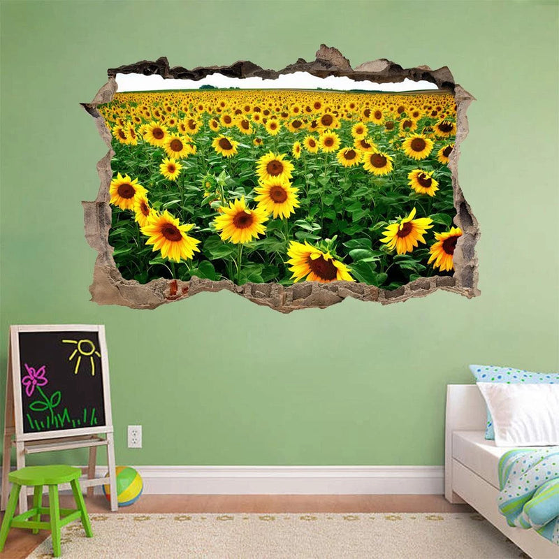 Sunflower field wall decal graphic with torn-wall frame and yellow flowers