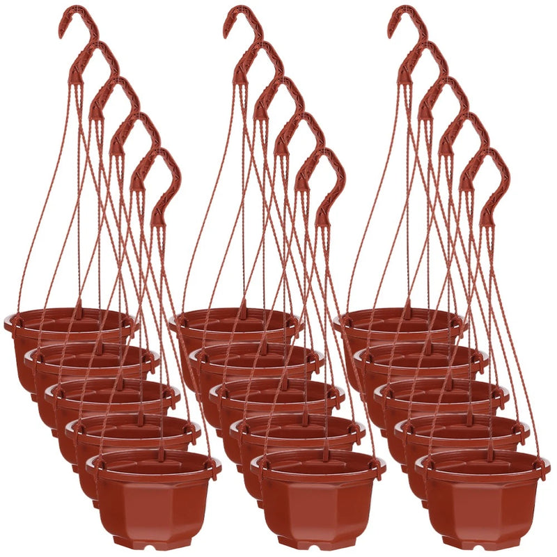 Terracotta red hanging plastic flower pot planters set with multiple pots and plates
