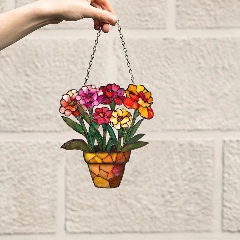 Carnation acrylic window hanging with chain, multicolor flower bouquet in stained-glass pot