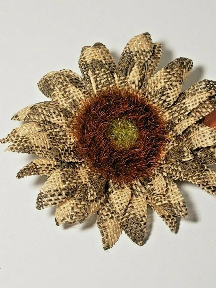 Burlap sunflower with woven beige plaid petals and dark brown center