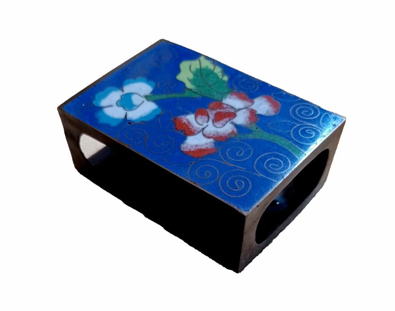 Antique cloisonne match cover with blue peony flower design and dark brass sides