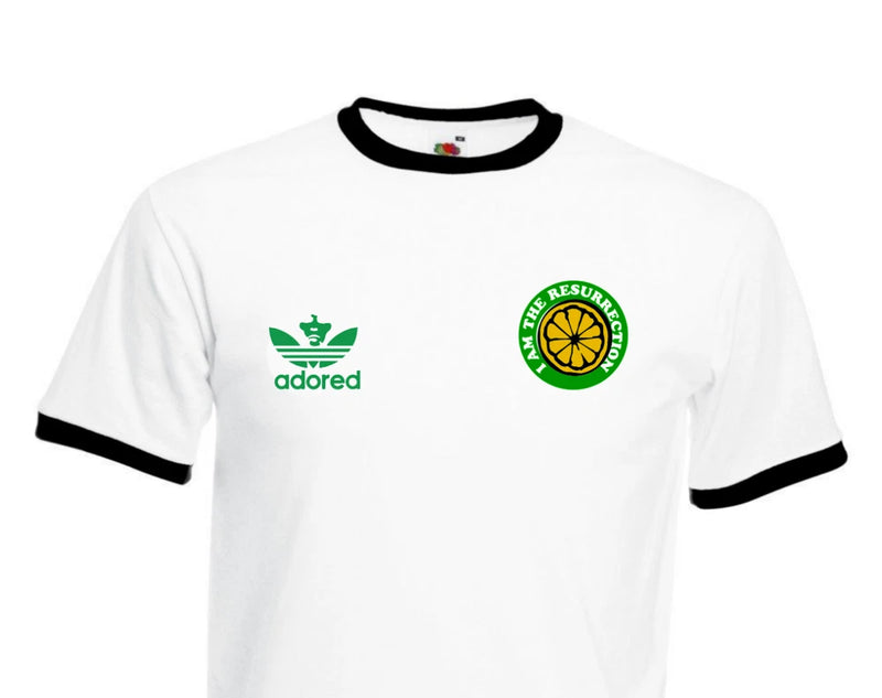 Men's white T-shirt with black trim, Adored logo and green circular graphic on chest