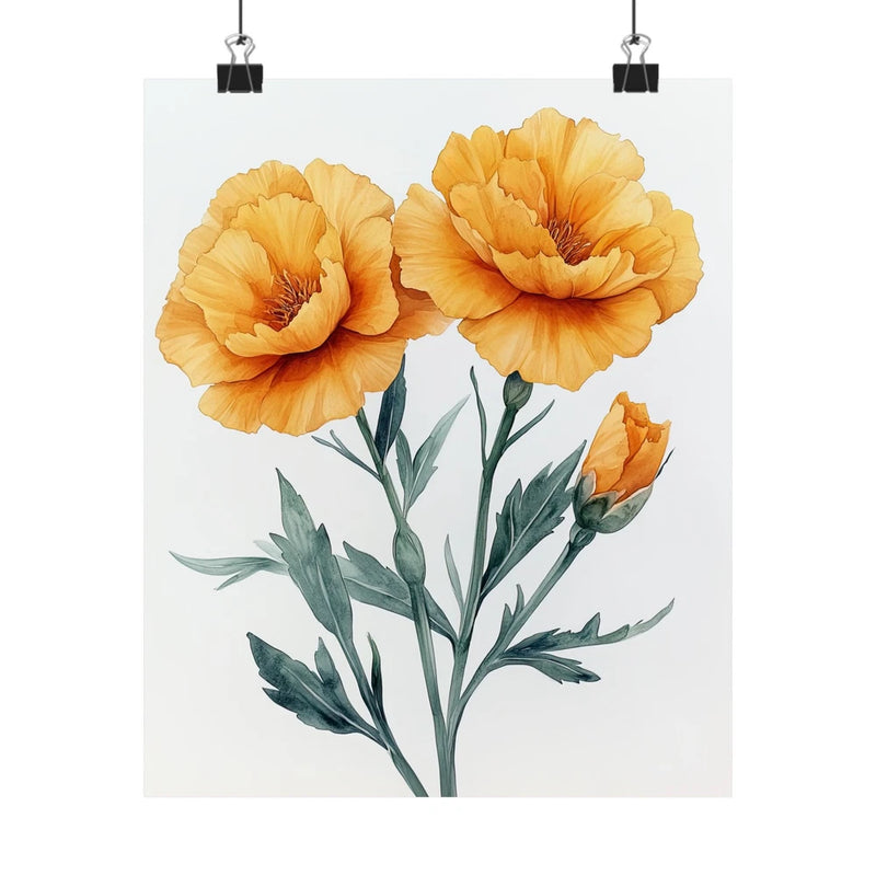 Yellow carnation flower art print poster with green leaves on white background