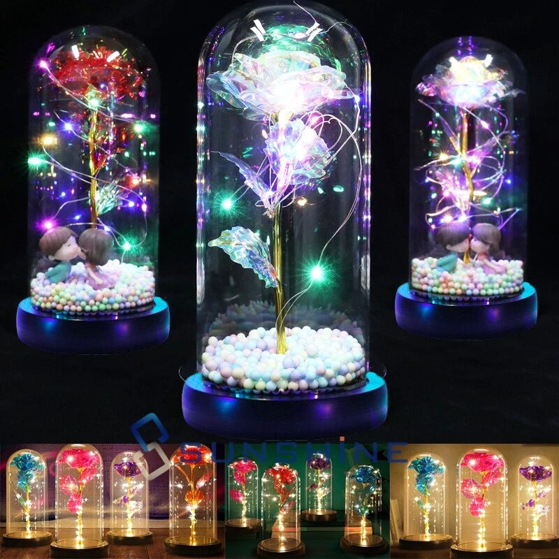 Light-up preserved rose in glass dome with glowing multicolor lights and pastel base