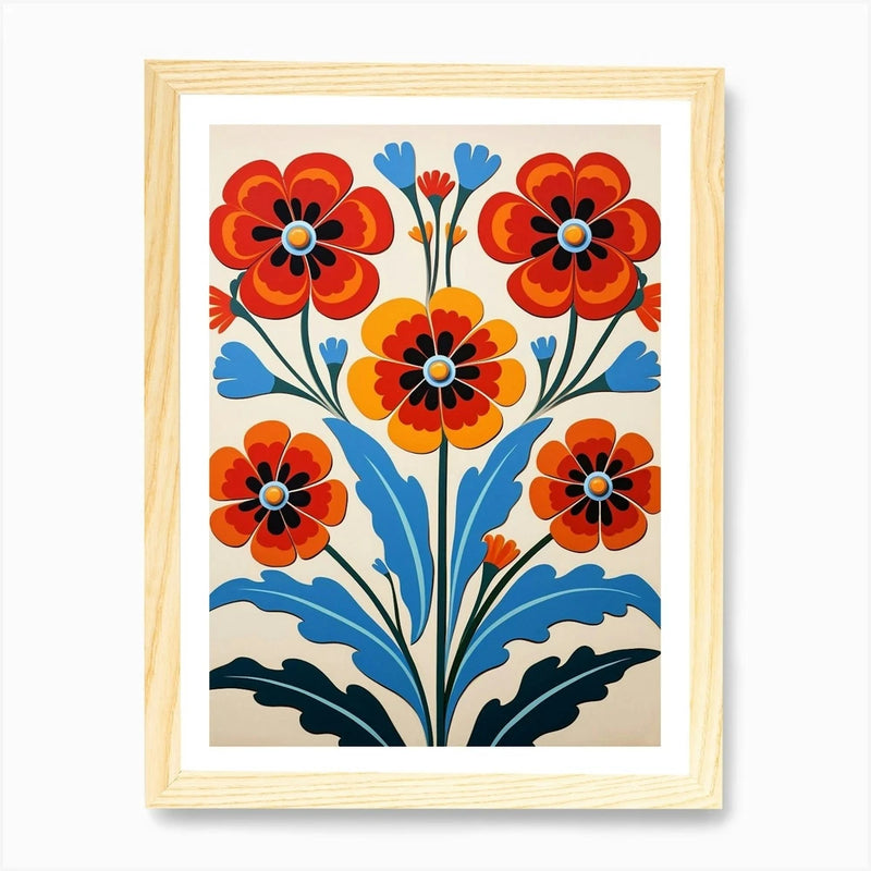 Framed wall art print of orange, red, and blue flowers with stems on a cream background