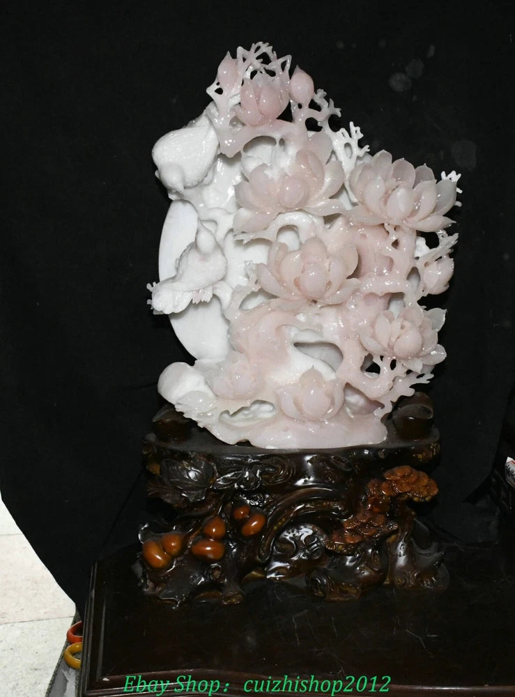 20'' Chinese Natural Pink Xiu Jade Carving Peony Flower Bird Birds Animal Statue Peony