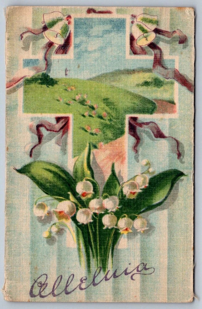Easter postcard with silk-like print, pastoral scene and lily of the valley flowers, Alleluia text