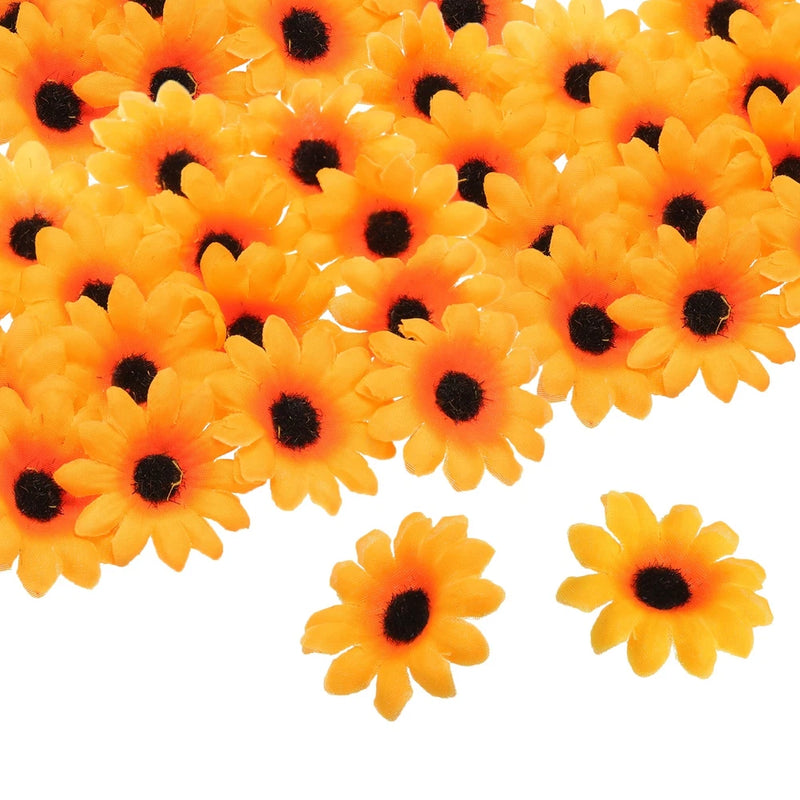 100pcs Artificial Daisies Flower Heads,1.6" Silk Fake Daisies, Black/Yellow Daisies