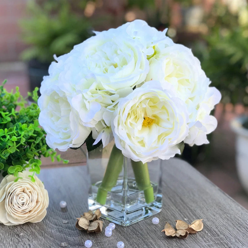 Artificial Mixed Peony Hydrangea Faux Flower Arrangement w Glass Vase Faux Water Peony
