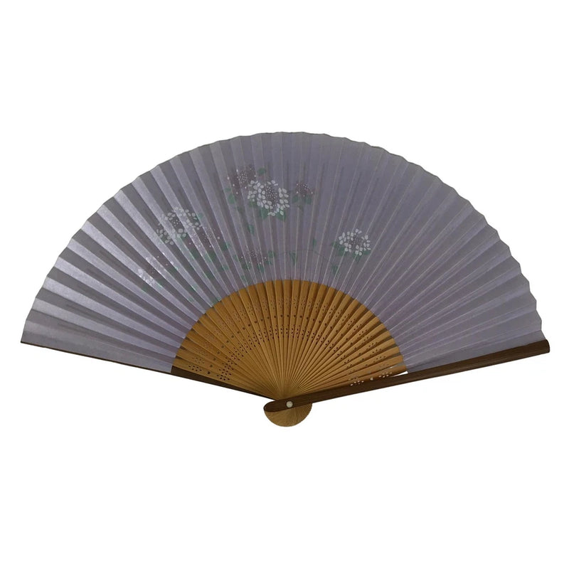 Japanese Paper Folding Fan Sensu Vtg Bamboo Frame Purple Hydrangea Flowers 4D974 Hydrangea