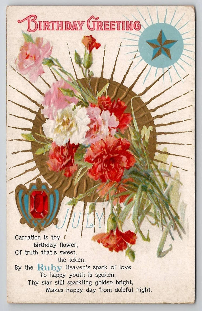 Birthday greeting postcard with July carnation flower bouquet and red starburst