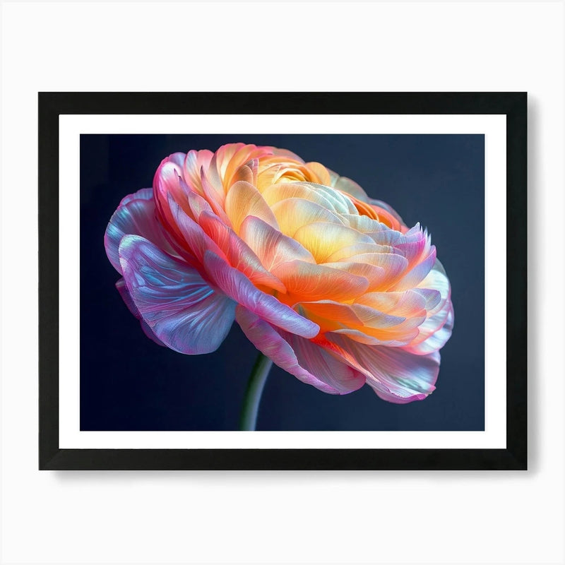 Framed peony flower art print with layered petals in pink, orange, and yellow