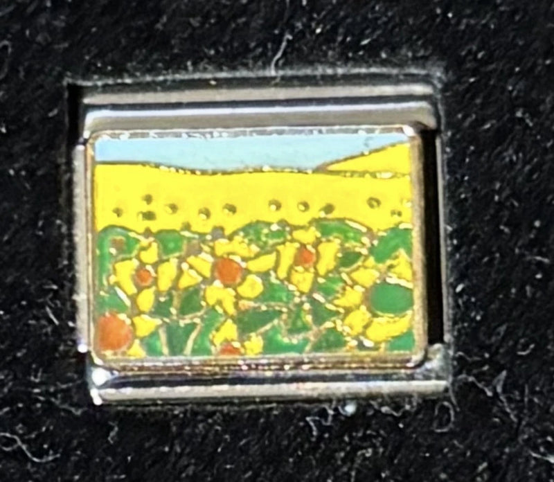 Sunflower field Italian charm link with yellow and green mosaic and silver frame