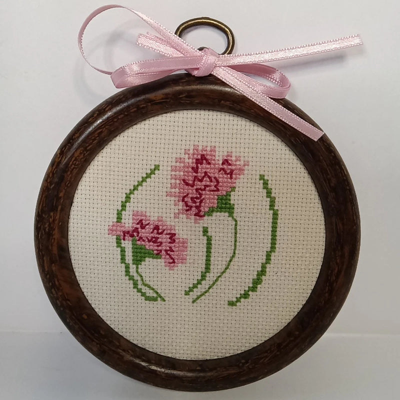 Vintage Mini Cross Stitch Framed Pink Carnation Flowers Plastic Wood Grain 4.25" Carnation