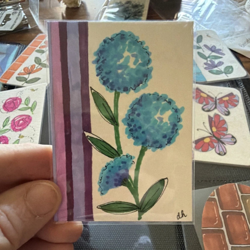Donna Hawk Signed Original Blue Hydrangea Flower Drawing ACEO Illustration Art Hydrangea