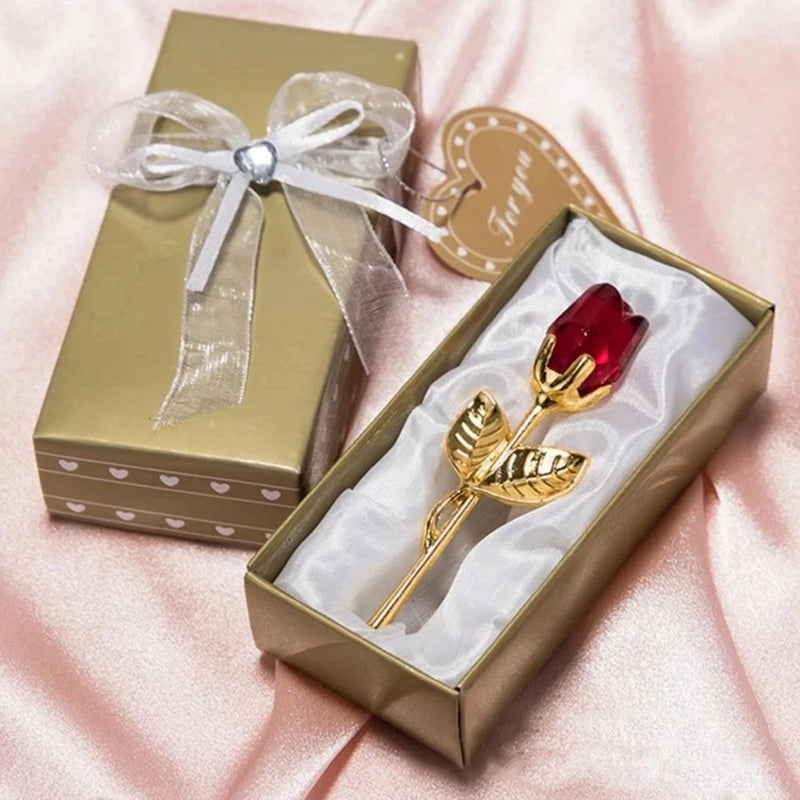 Artificial crystal rose stem in gift box, red crystal flower with gold-tone holder