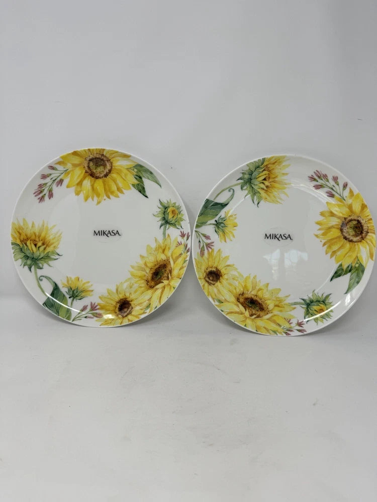Set of 2 Mikasa sunflower bone china luncheon plates with yellow floral design