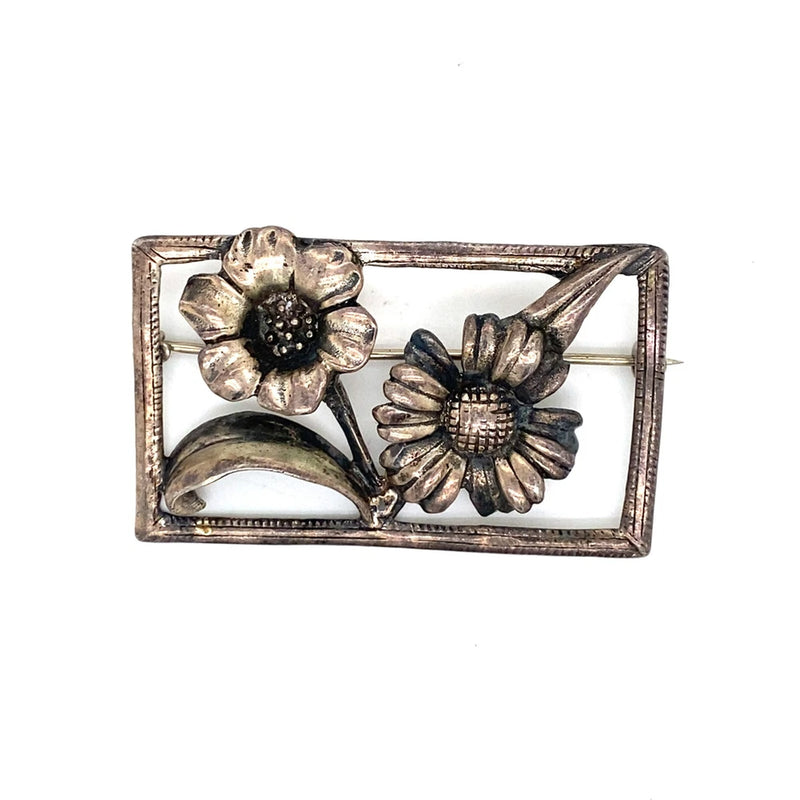 VTG Estate Artisan Sterling Silver Flower Sunflower Box Brooch Pin! 34 Sunflower