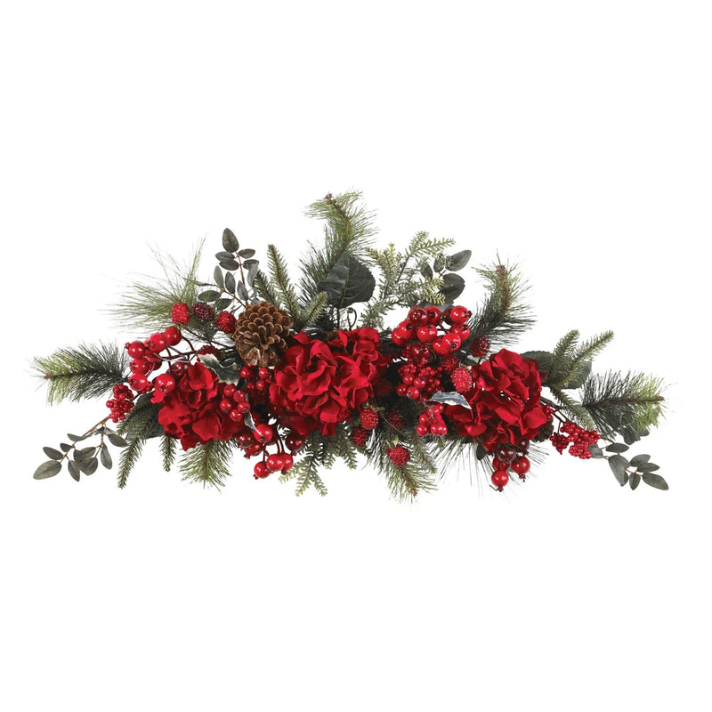 30" Holiday Hydrangea Swag Festive Crimson Evergreen Foliage Hydrangea