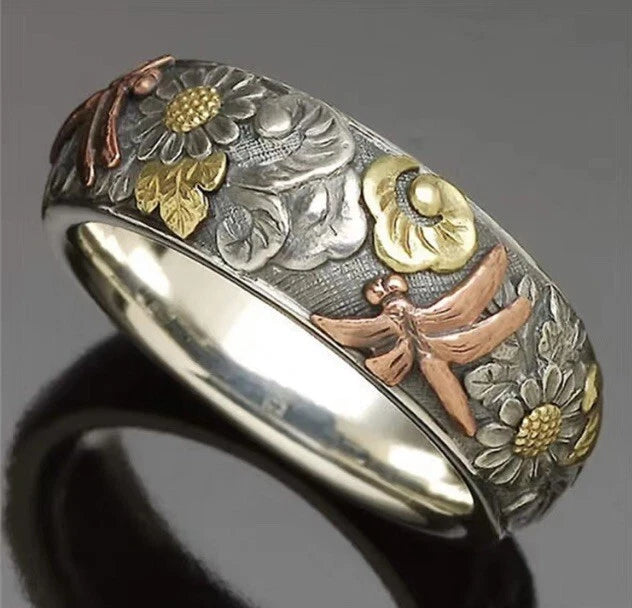 Two Silver Alloy Carved Engraved Flower Engraved Sunflower Dragon WomenÕs Ring Sunflower