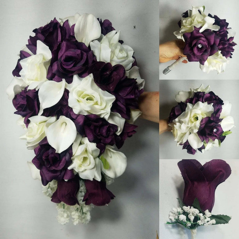 Eggplant Ivory Rose Calla Lily Bridal Wedding Bouquet Accessories Bouquet