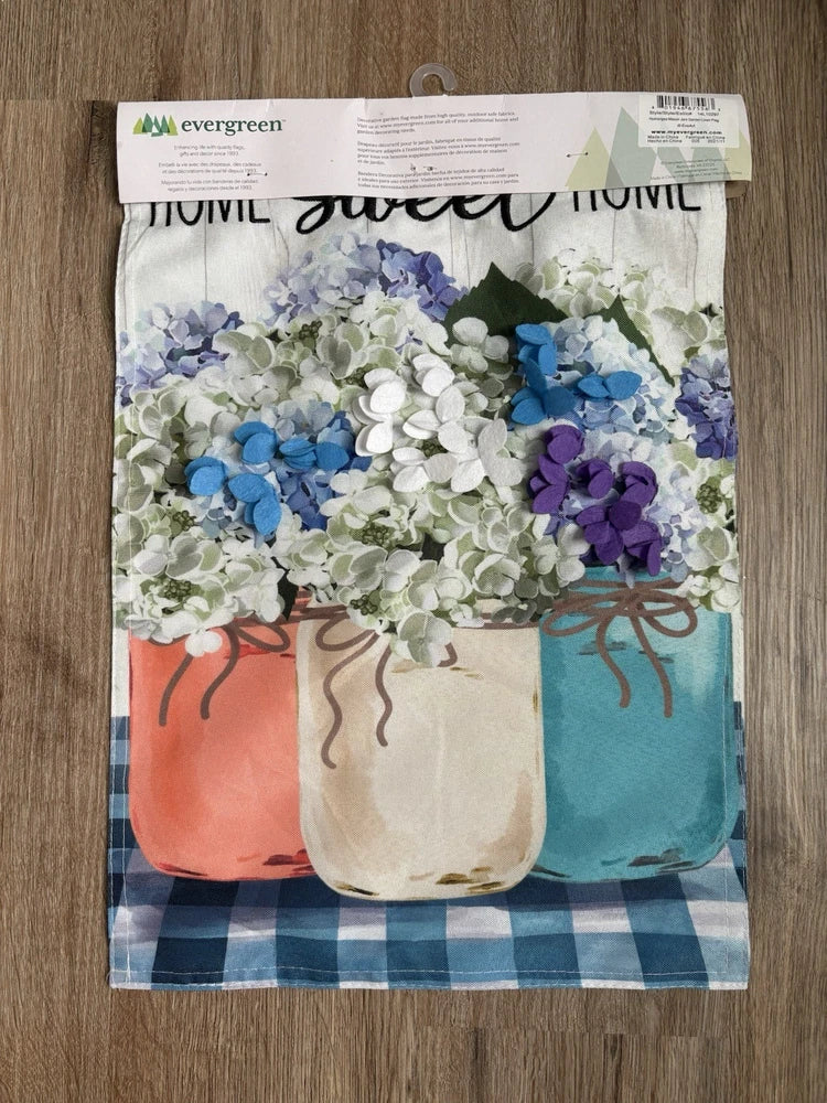 Evergreen Decorative Garden Flag Hydrangea Mason Jar Home Sweet Home - New! Hydrangea