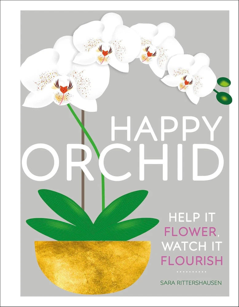 Orchid poster: white blossoms, green leaves, gold pot, 'HAPPY ORCHID' text